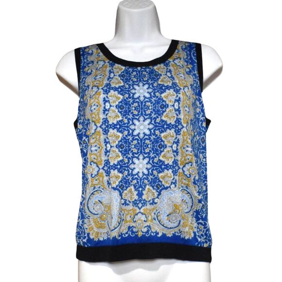 Talbots Sleeveless Sweater Pullover Size M Petite Blue Boho Paisley Vest - Picture 1 of 15